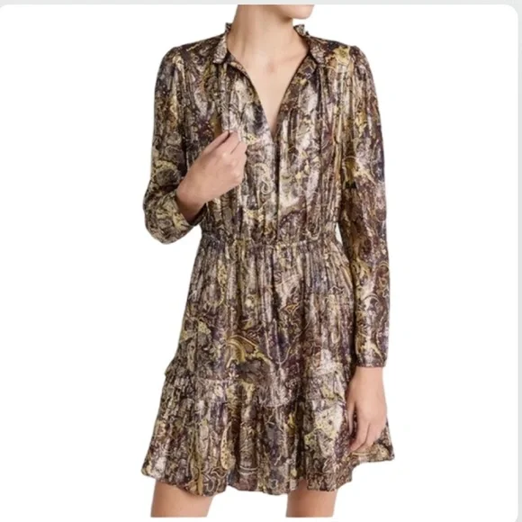 NWT BA&SH Capi Lady Metallic Lame Paisley Ruffle Puff Long Sleeve Dress Size M - Picture 3 of 14